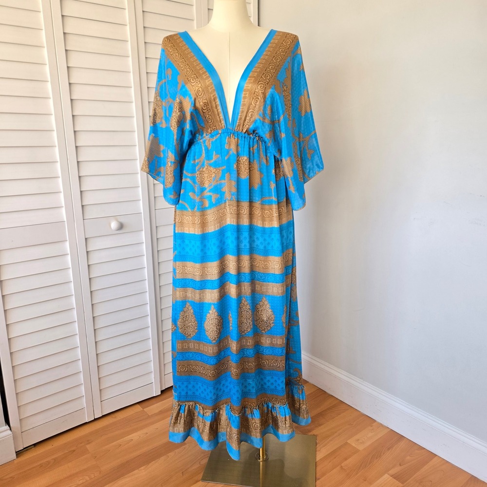 Luz Blue Tan Silk Boho Maxi Kaftan Dress OS Deep V-neck Indie Resort Luxe Hippie - Picture 2 of 9